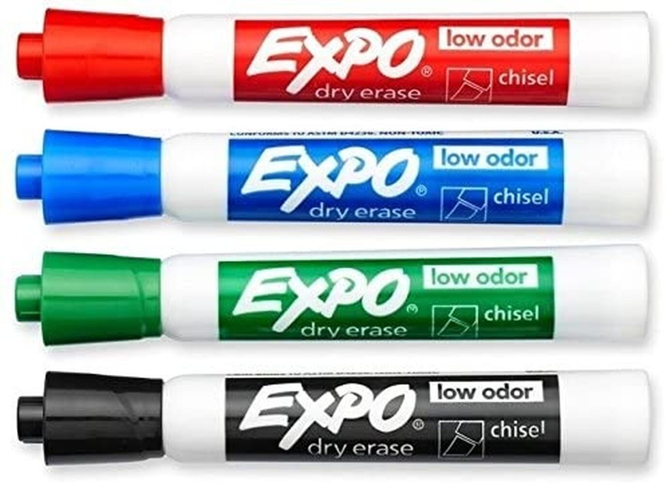 Expo low-odor chisel point dry erase marker set, for whiteboards, glass and most non-porous surfaces, 4 color markers,