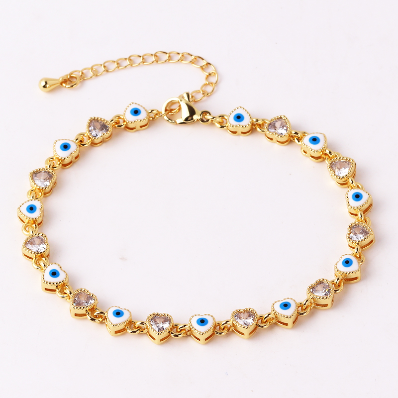 Pulsera con dije de mal de ojo turco y corazón chapado en oro de 18 quilates para mujer, pulsera ajustable con cadena de cobre de la suerte bohemia, joyería de verano