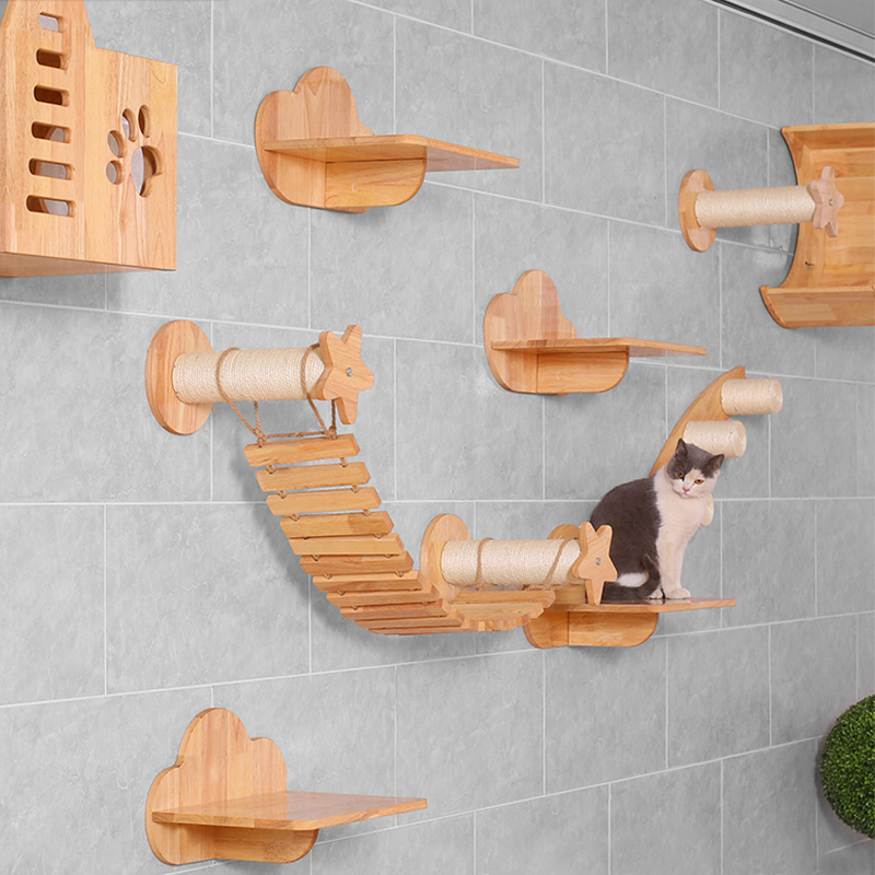 Wall-mounted Cat Bridge Cat Tree House Climbing Frame Star Scratching Post Cat Ladder Step Kitten Jumping Platform Pet Furniture
