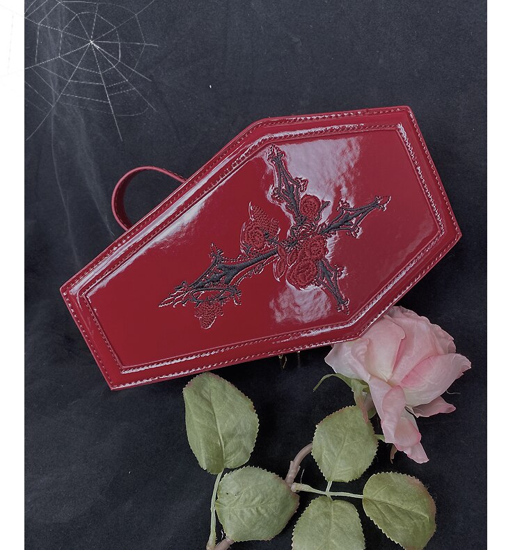 Harajuku Gothic Coffin Shape Purses and Handbags for Women Embroidered Cross Rose Dark Lolita Chain Crossbody Bag Punk Box: Default Title