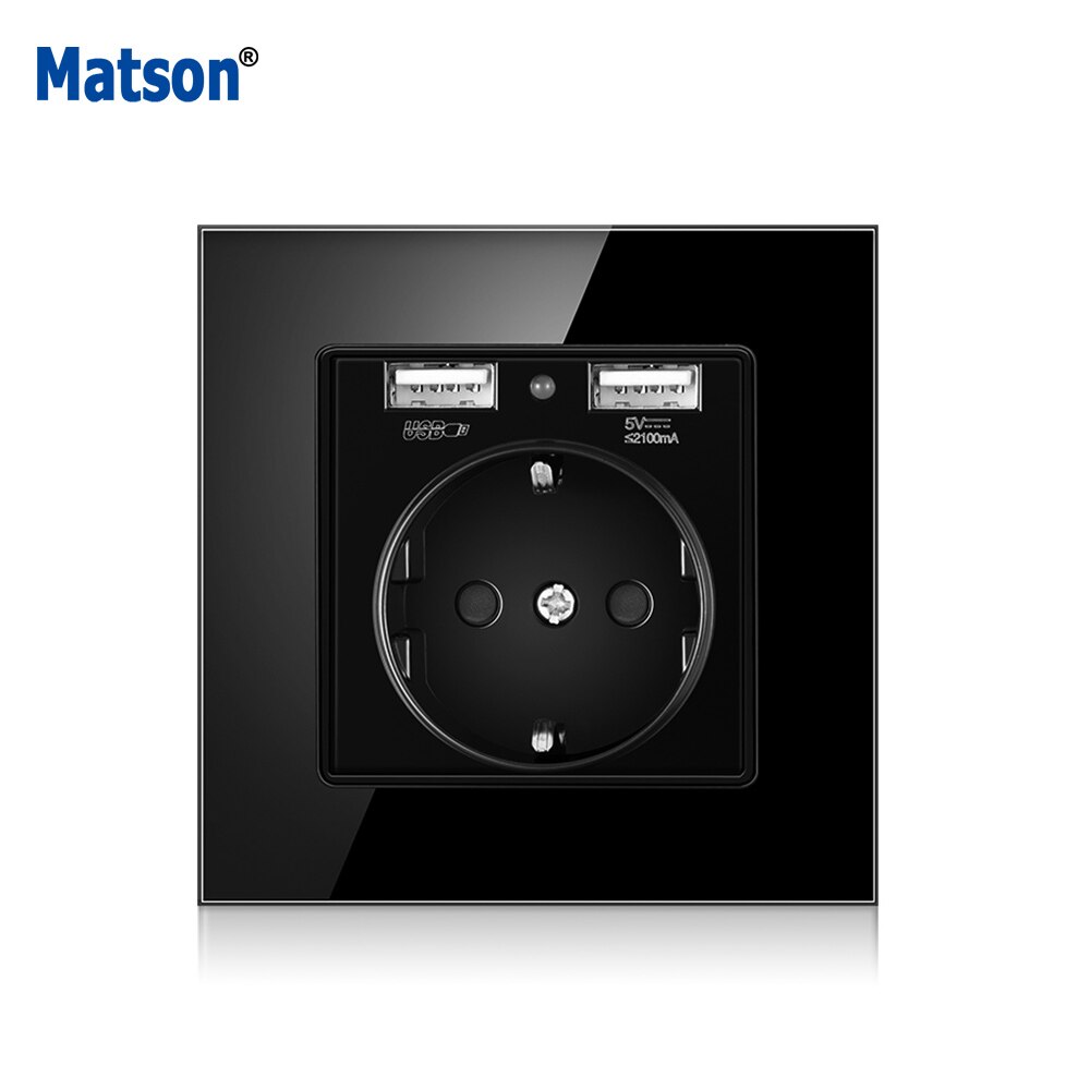 Matson Wall USB Power Socket, Many style Panel, Bedroom socket,AC 110V-250V 16A Wall Embedded, Double usb EU Standard Outlet: German black USB