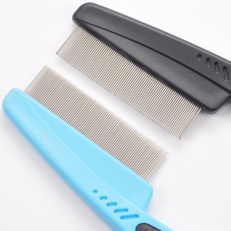 Cepillo de acero inoxidable para perros y mascotas, herramienta para quitar piojos de dientes densos, peine con mango de plástico, peines para mascotas