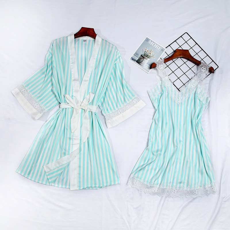 Camisón de seda con bata para mujer, conjunto de ropa de dormir de 2 piezas, de manga larga, para estar en casa