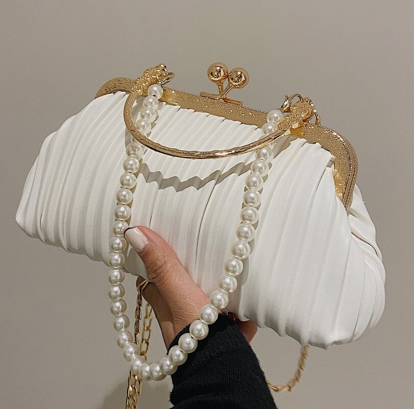 Fold Stripe Shell Bags For Woman Niche Clip Solid Pu Leather Shoulder Bag Pearls Chains Versatile Evening Handbag
