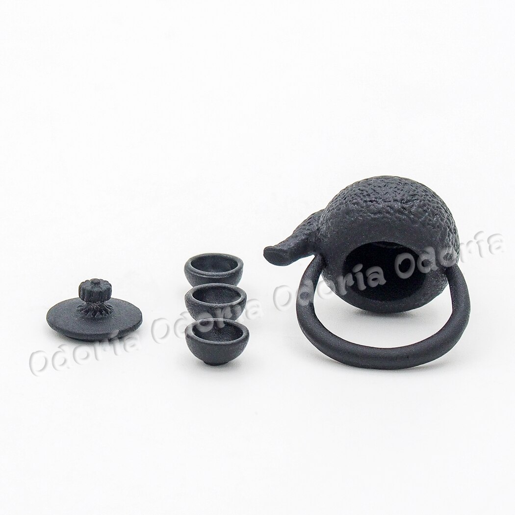 Odoria 1:12 Miniature Metal Teapot Tea Kettle with 3 Cups Dollhouse Kitchen Accessories