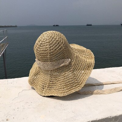 Ymsaid håndlavet stråhat kvinder sommer solskærm solhat blonder sammenfoldelig spandehat kvinde sommerhat strå strandhat: Beige