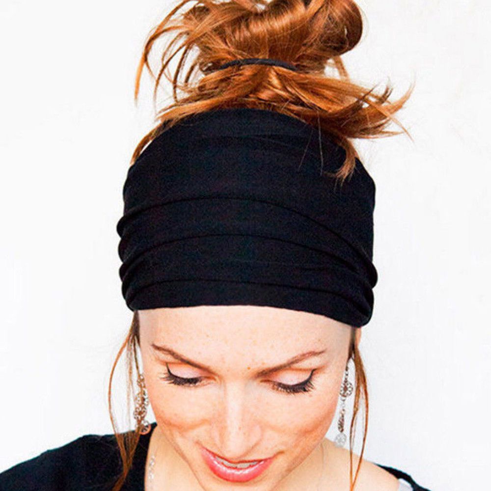 1 Pc Breed Effen Kleur Katoen Hoofdband Voor Vrouwen Lady Plain Stof Yoga Sport Elastische Hoofdband Tulband Head Wrap bandana: black