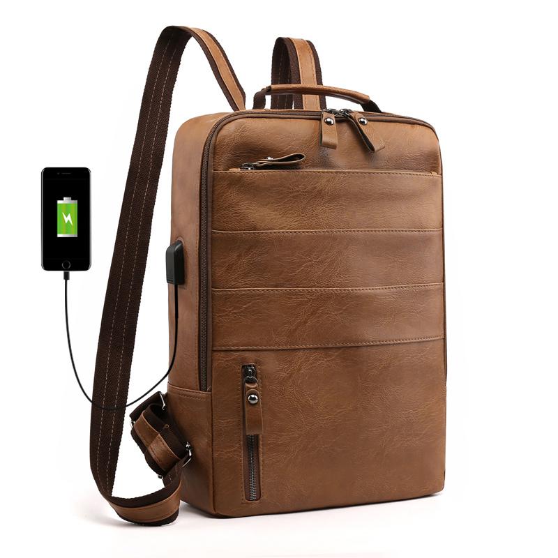 Vintage Leather Backpack Men 15 Inch Laptop Bagpack Male anti thef travel Backbags Student School Bags For teenager boys mochila: Light Brown