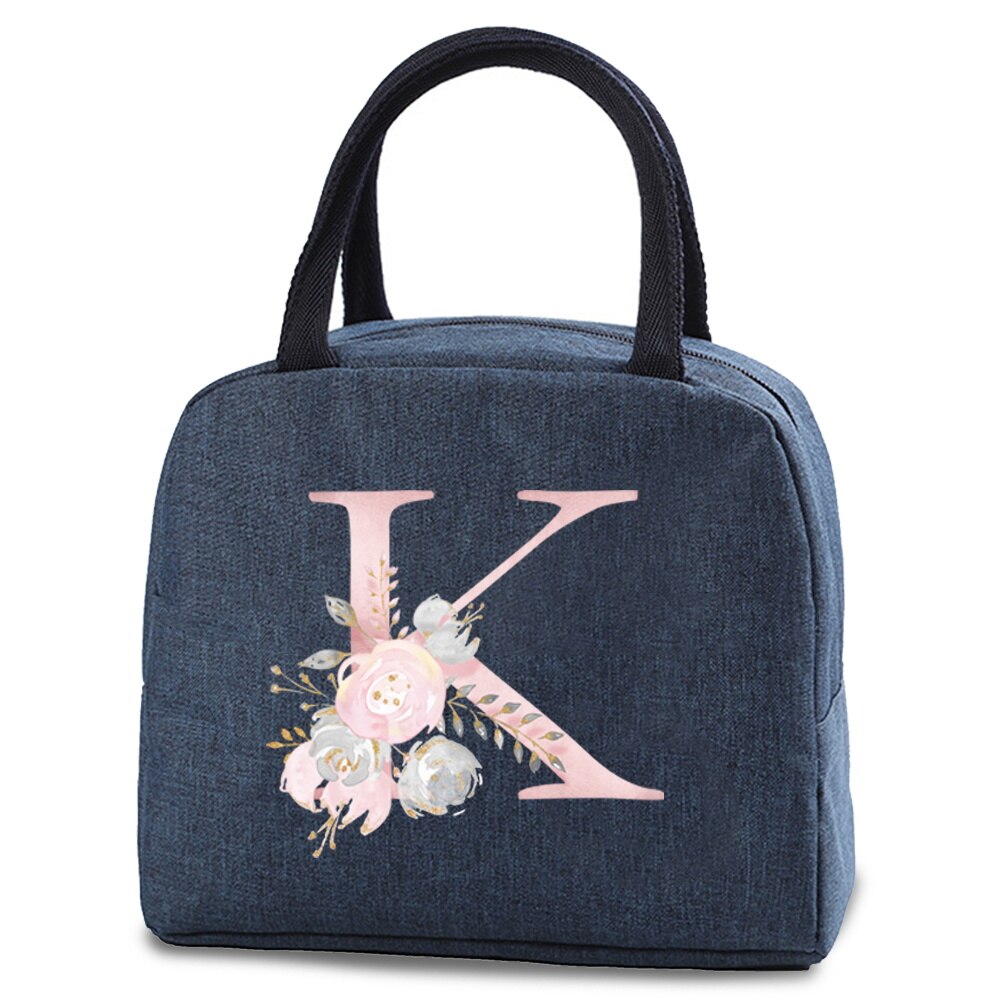 Saco térmico isolado almoço alimentos armazenamento sacos refrigerados zip piquenique tote carta rosa flor impressão fonte a b c d e bolsa: Verde exército