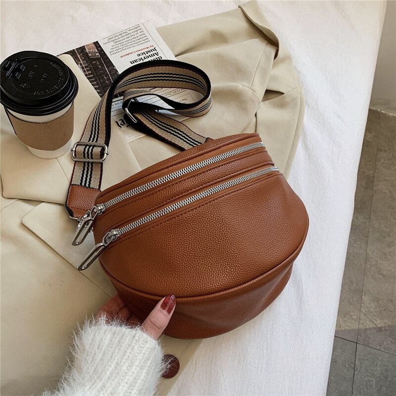 Burminsa Brede Band Zadel Taille Fanny Pack Voor Vrouwen Dubbele Rits Dames Riem Borst Tassen Pu Lederen Sling Crossbody Tassen: Brown