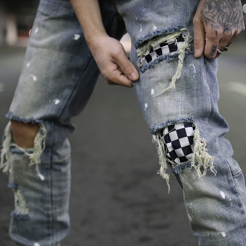 Pantalones vaqueros a la para hombre con agujeros en la rodilla de retazos a cuadros rasgados nuevos pantalones con cremallera Hip Hop