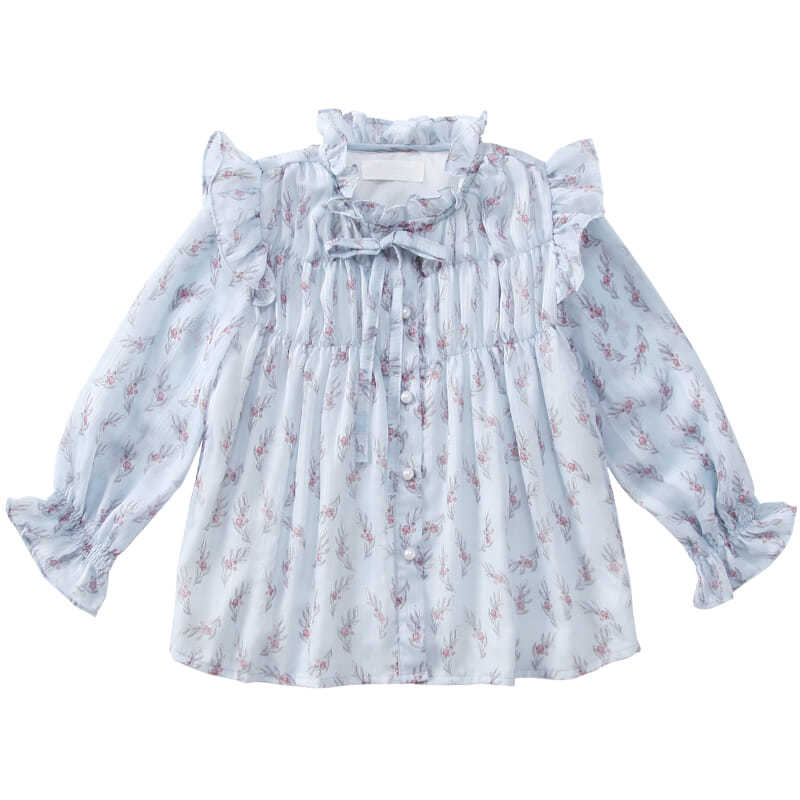 Chemisiers en coton à manches trompette pour filles, Long, évasé, en mousseline de soie, Style coréen, imprimé Floral, vêtements pour enfants, T69