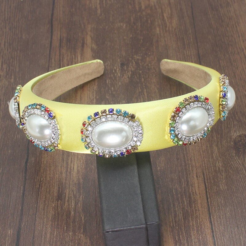 Industria pesante handmade Barocco AB piccola perla rotonda cielo stellato sabbia lamina d'oro romantico archetto imbottito pieno di cristallo per le donne: yellow headband