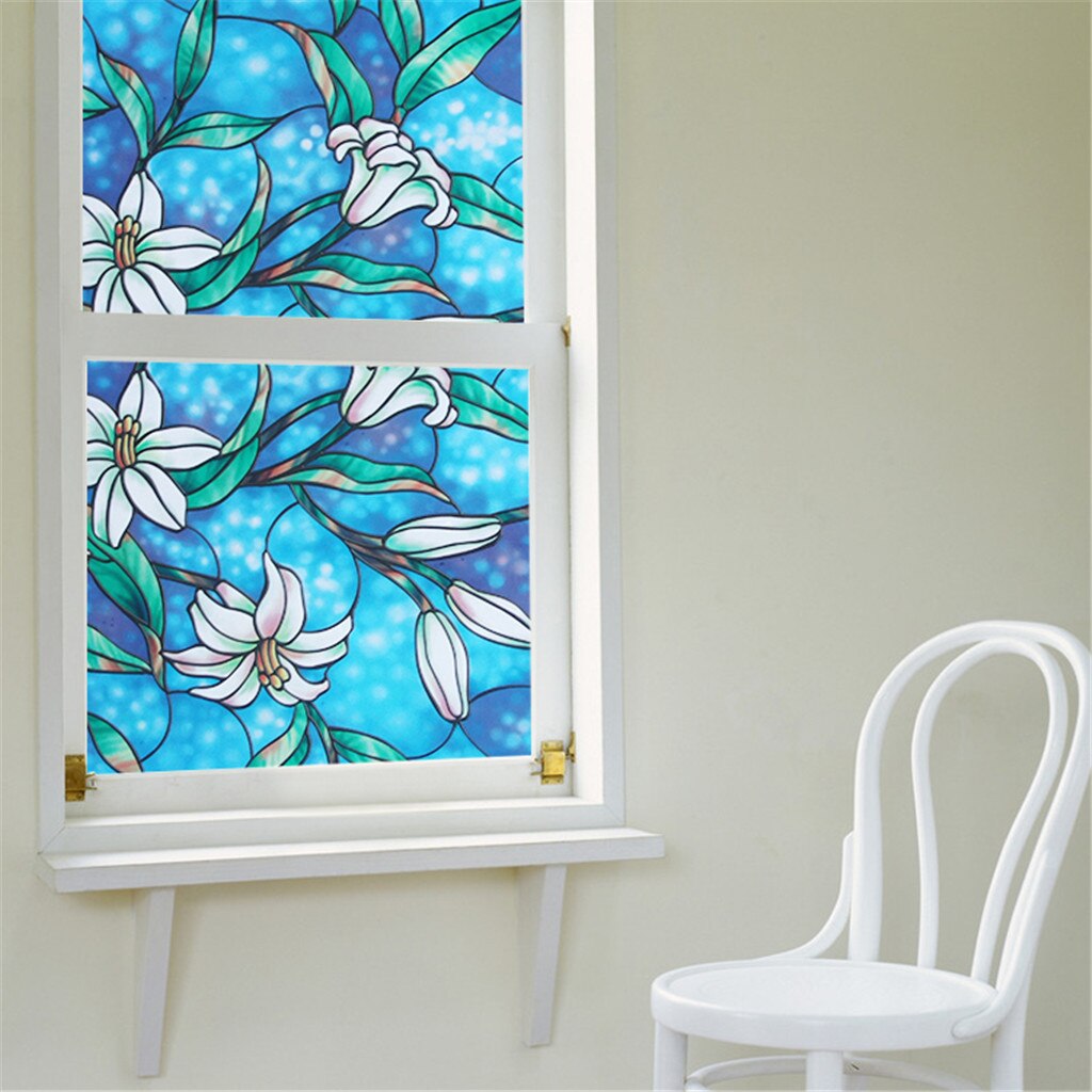 PVC Lily Static Window Film No glue removable Stained Glass Decal зеркальные наклейки на стену for room decoration