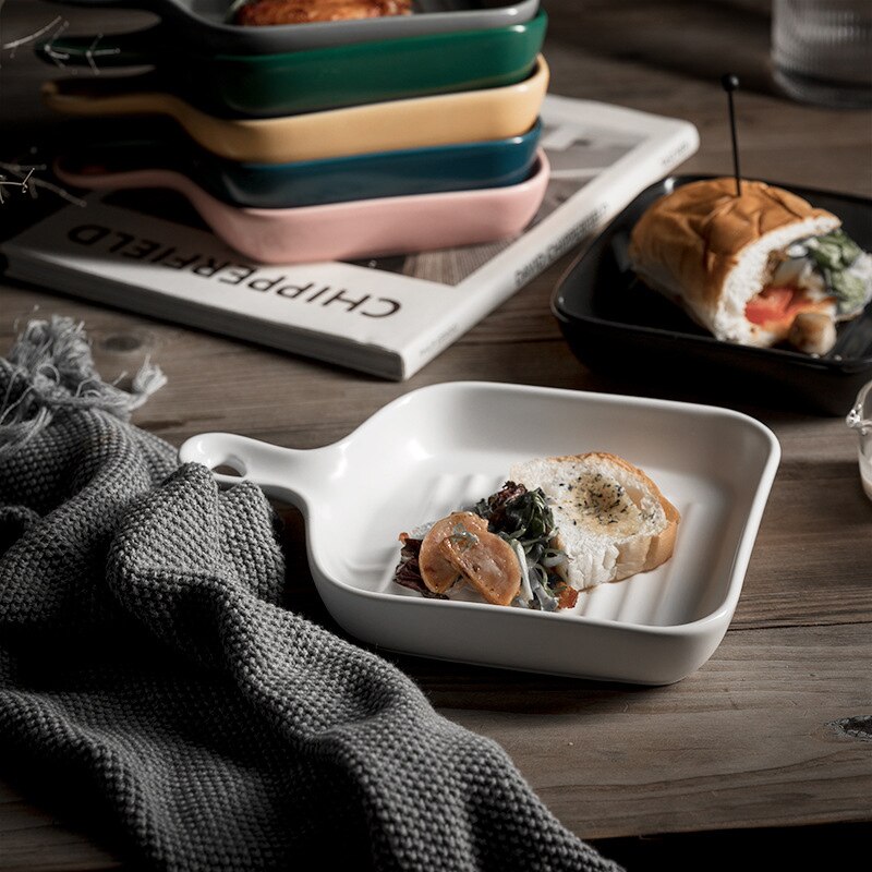 Matte Ceramic Baking Plates Unique Square Individual Pasta Lasagna Dish with Single Handle Small Dinner Plates HKS99