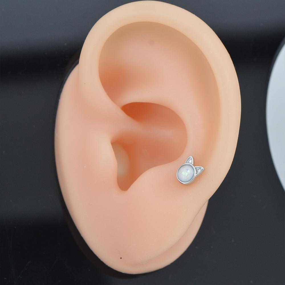 Body Punk 16g Cute Cat Cartilage Earring Opal Center Tragus Helix Stud Conch Rings Body Piercing Earring