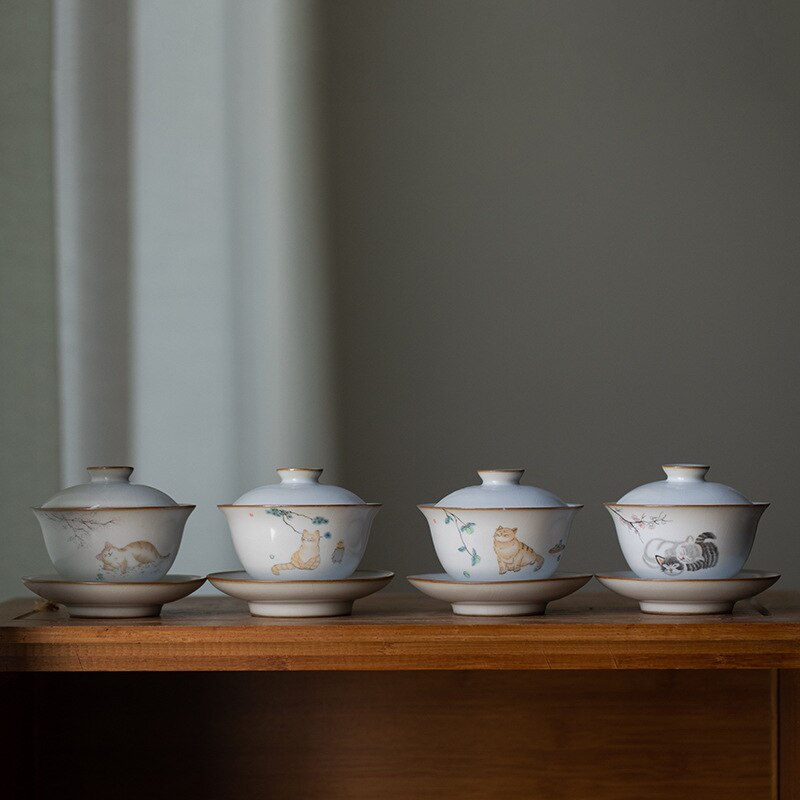 160ML Keramik Gaiwan Nette Katze Porzellan Terrine Chinesische Alte Glasur Jingdezhen Teaset Teekanne Schüssel für vielfältige Tee Porzellan