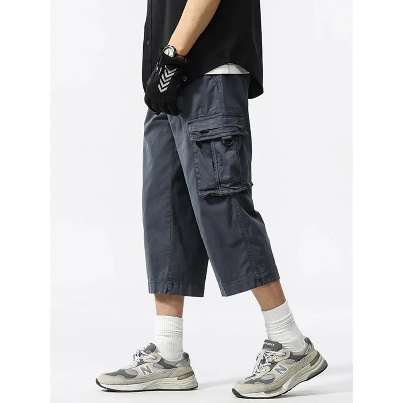 Pantalones Cargo con múltiples bolsillos, pantalones Capris rectos de algodón lavado, ropa de trabajo con cintura elástica, pantalones holgados, pantalones de verano hasta la pantorrilla para hombre
