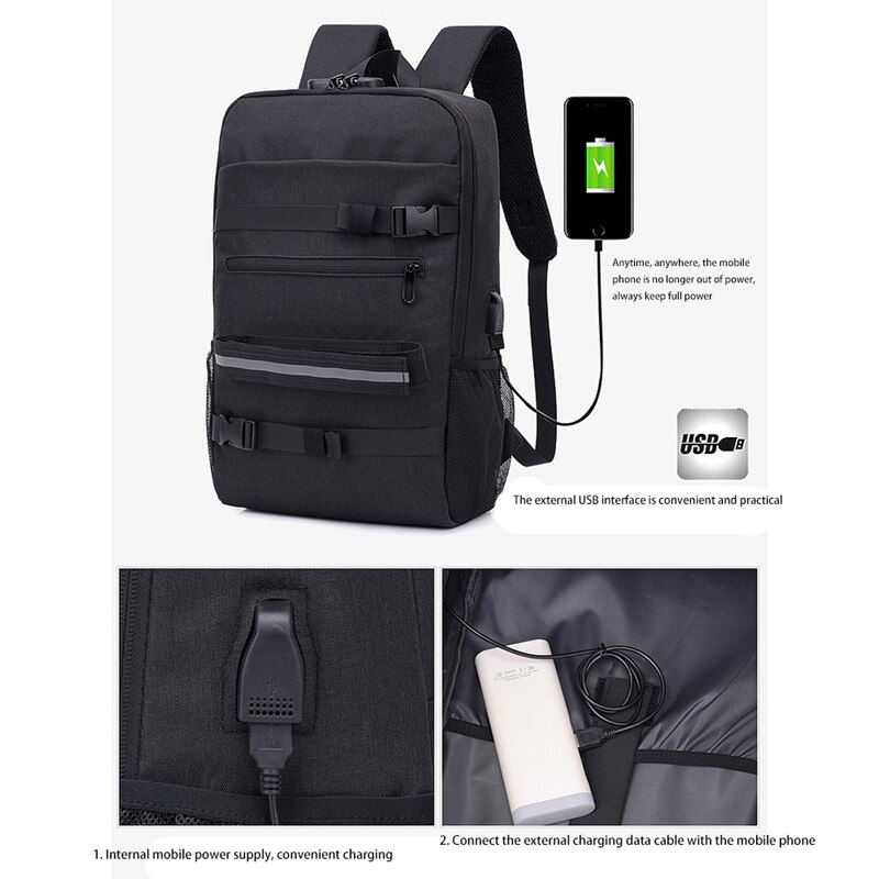 Skateboard Backpack Anti-Theft Password Lock USB Charging Shoulder Bag for Travel Leisure Computer Longboard Bag