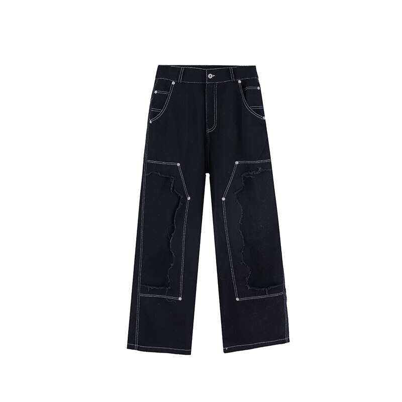 Haute Rue Couche Épissé Solide Jeans pour Hommes Harajuku Droit Baggy Denim Pantalon Oversize Déchiré Lâche Décontracté Jean Pantalon: Black / Asian M