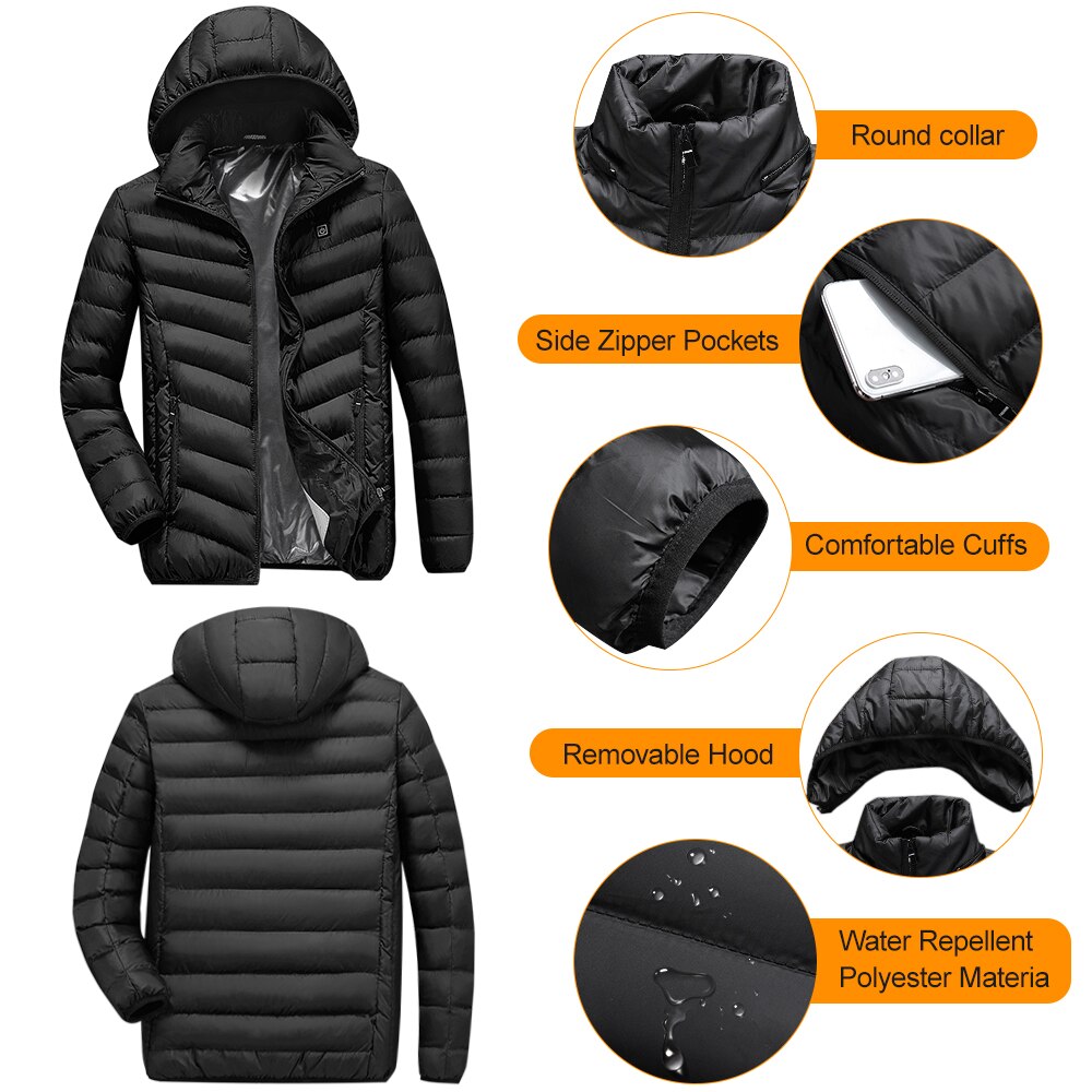 Electric Heating Coat Men Women USB Charging Heated Jacket with Removable Hood for Walking Camping Ice Snowboard coat Plus Size