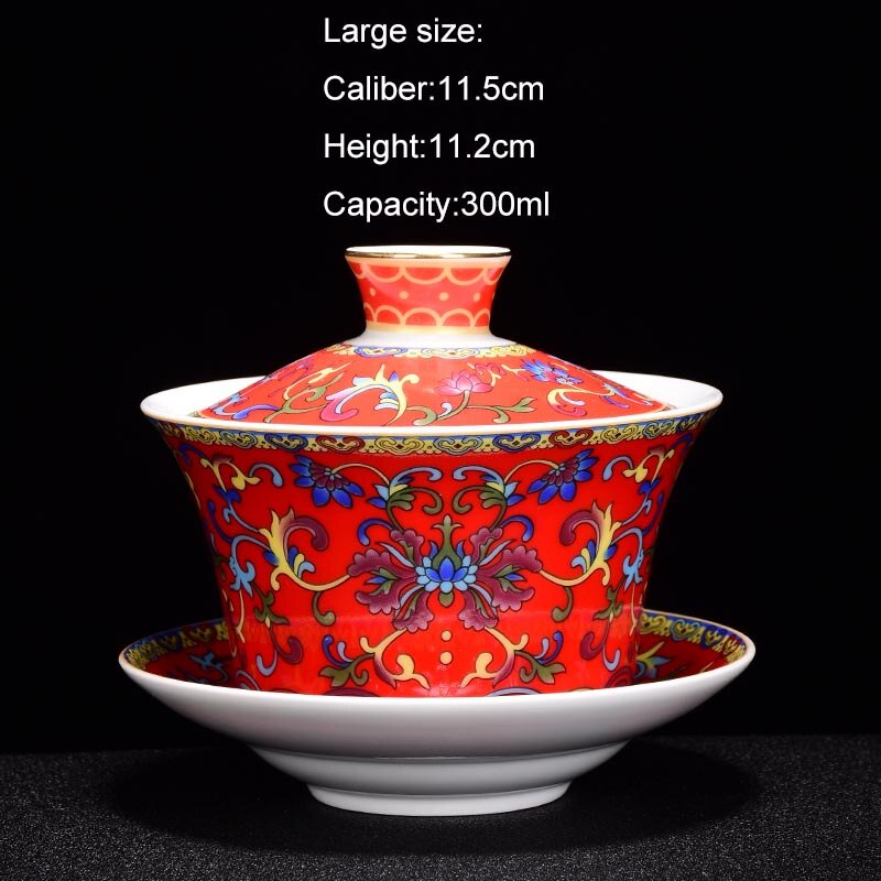 200ml/300ml jingdezhen emalje farve gaiwan porcelæn gaiwan keramisk kung fu te sæt mester te skål tekop hjem dekoration: Rød (l)