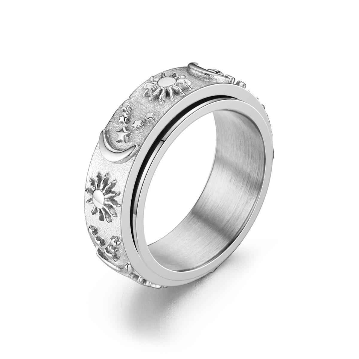 Anillo relajante bohemio con forma de estrella y Luna para hombre, Spinner giratorio de acero inoxidable, anillos antiestrés, joyería: 11 / Blanco