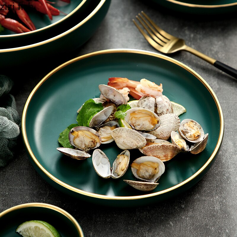 Dark Green Ceramic Tableware Rice Bowl Spoon Household High-grade Ceramic Tableware Tray Deep Plate Western Dish Set