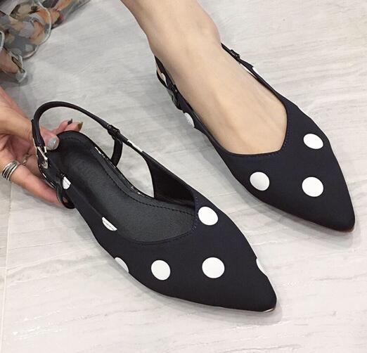 pointy toe cloth polka dot sandals brand shallow buckle slingback low heel women sandales trendy fairy dress shoes femme: Black / 7.5