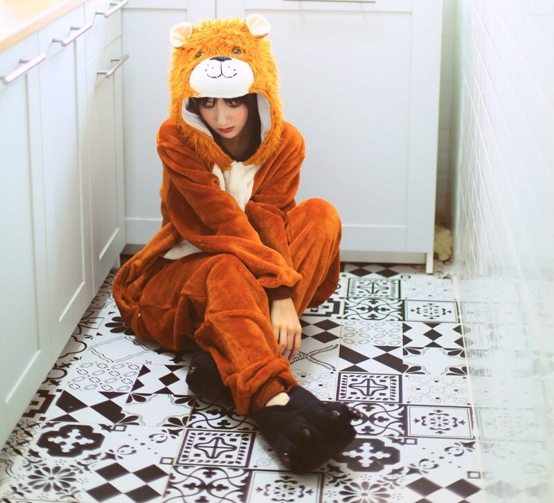 Kigurumi lion-Pijama de una pieza con capucha de manga larga para hombre y mujer, para adultos, animal cálido, kegurumi