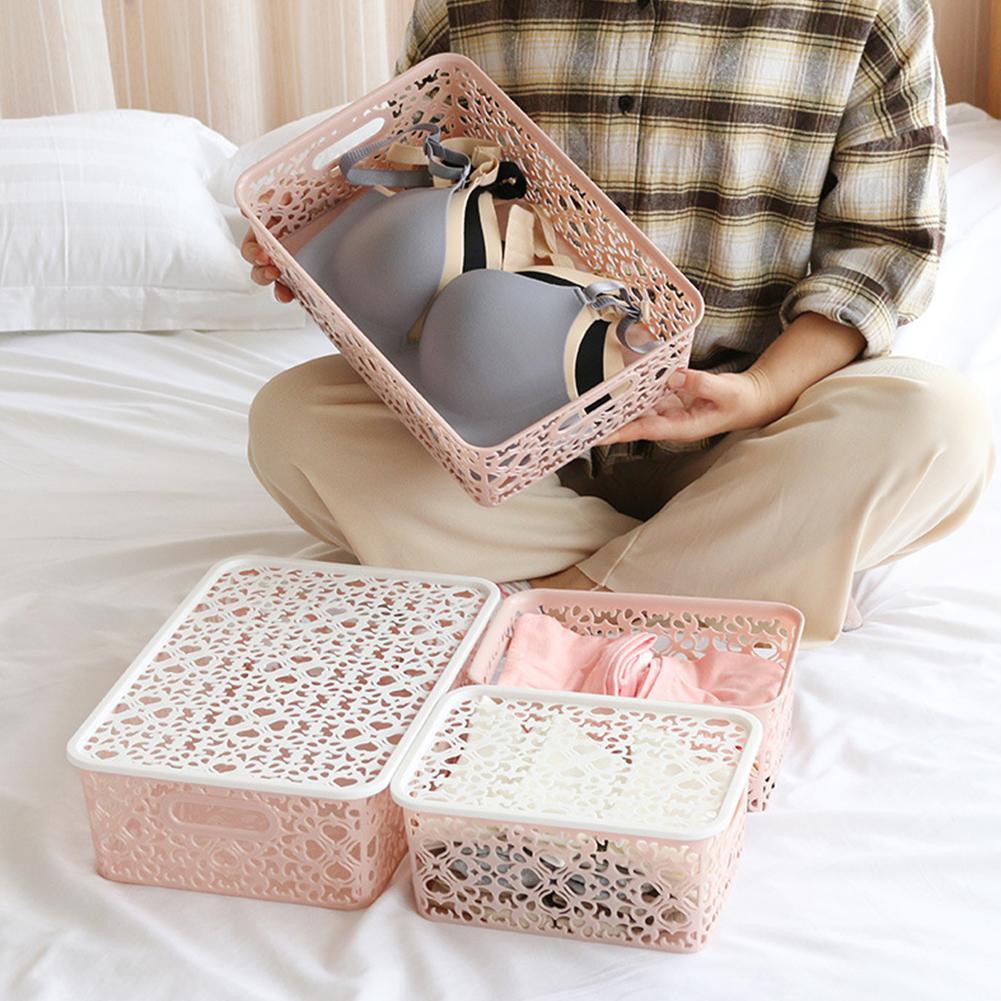 Panier de rangement en plastique en dentelle avec couvercle, grand panier de rangement de jouets divers pour la maison, panier de rangement pour vêtements A1I6