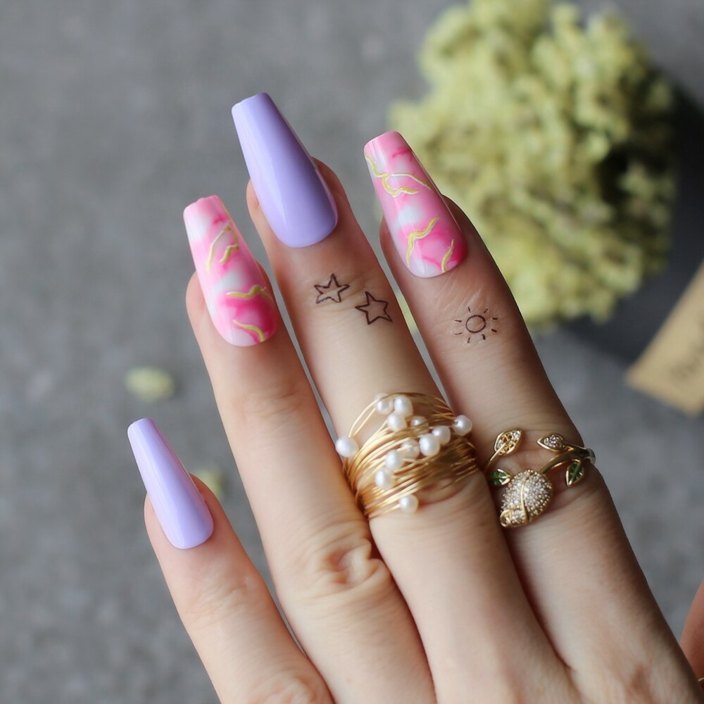 Faux-ongles en rose lavande, accessoire de manucure pour ballerine, longs et en fleurs