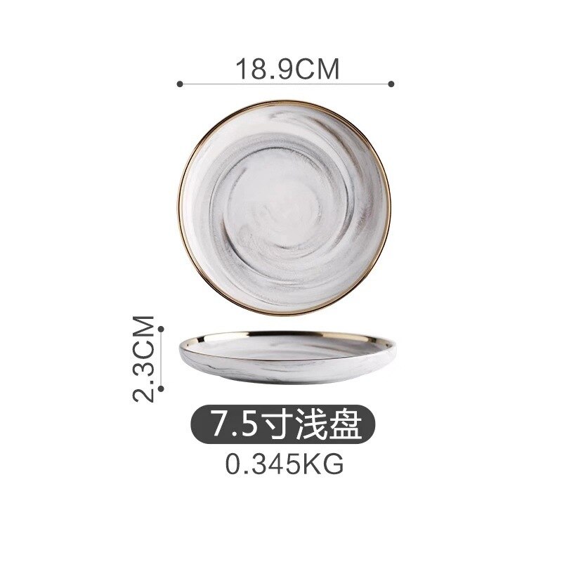Golden marble plate set ceramic kitchen utensils salad noodle bowl soup dinner set plates and dishes ceramic bowl: 18.9cm deep tray