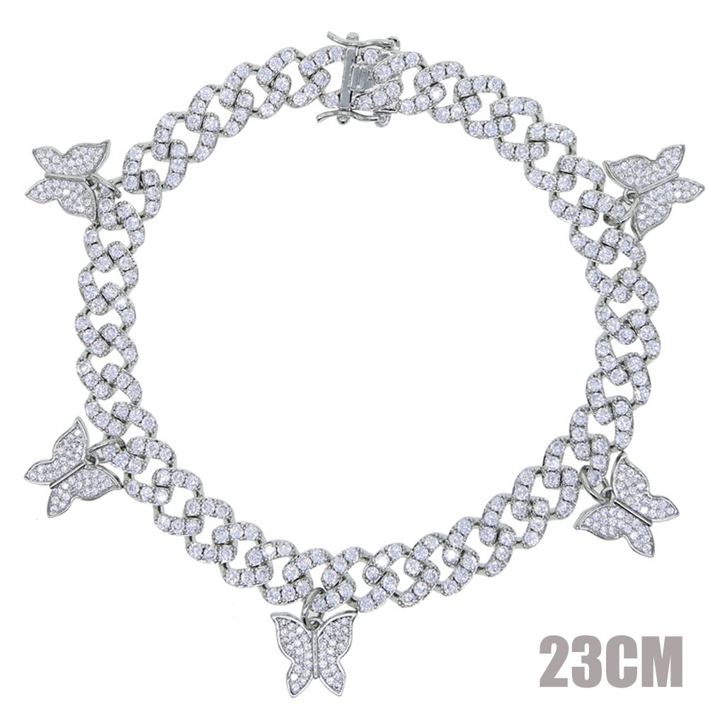 Parking Cz Baguette Vlinder Enkelbandje Sieraden 9Mm Iced Out Bling Cz Miami Cubaanse Link Zilveren Kleur Enkelband Vrouwen hiphop Sieraden: Silver White 23cm