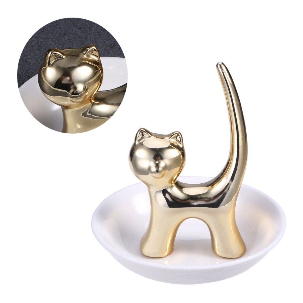 Plato de cerámica con forma de gato dorado para almacenamiento de joyas, bandeja decorativa para anillos, adorno de escritorio para pulsera, pendientes, collar