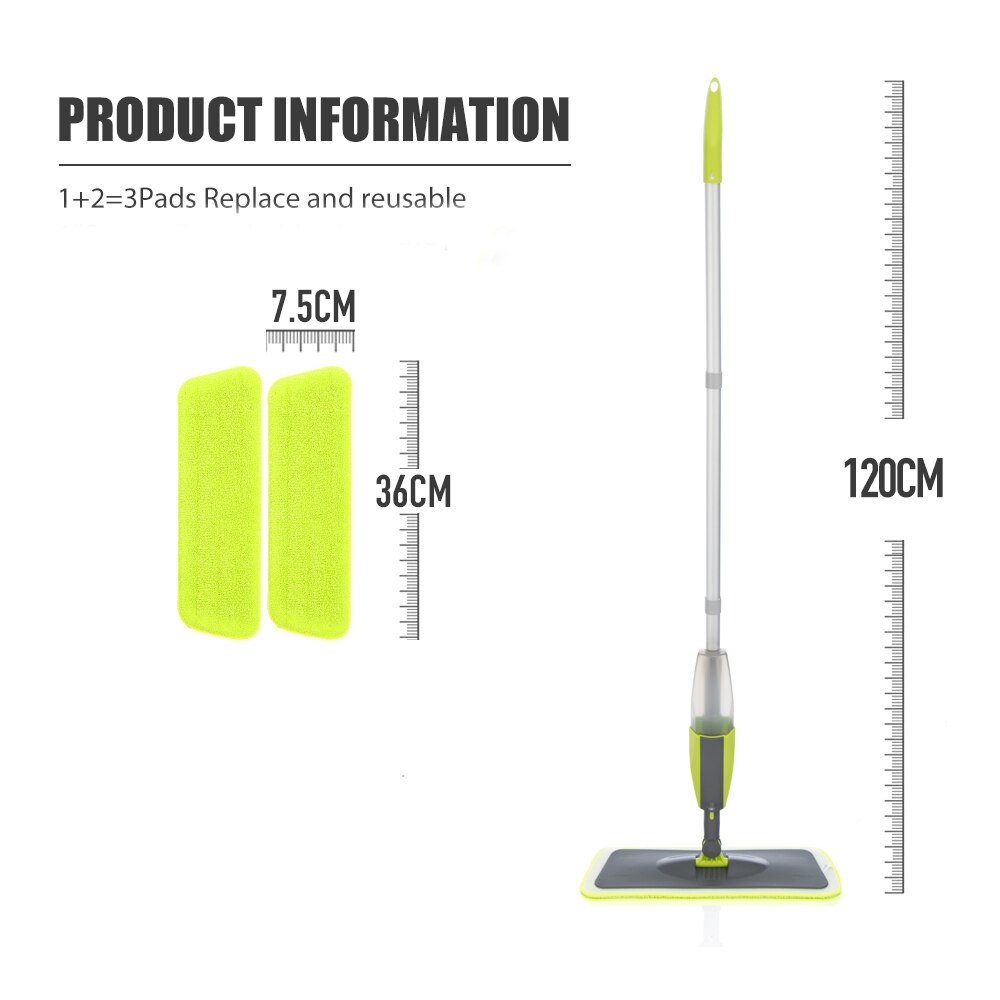 Vadrouille De Nettoyage De Sol Avec Vaporisateur Rechargeable Bouteille Tampon Lavable Pour La Maison Cuisine Bois Massif Mélaminé Bois Carreaux De Céramique Nettoyeur: green with 3pcs pads