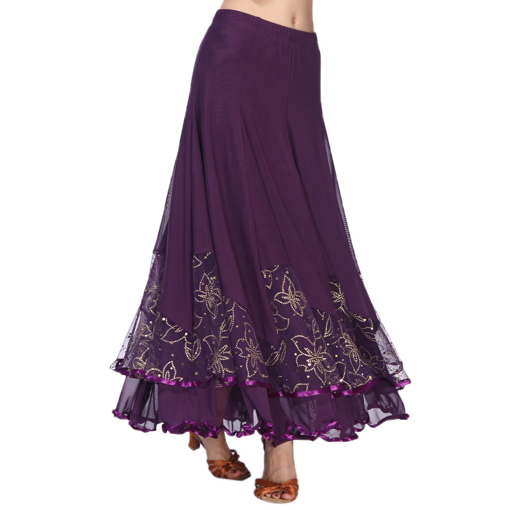 Lång flamenco modern dans kjol sequined mesh kjol vals klänning kvinnodräkt