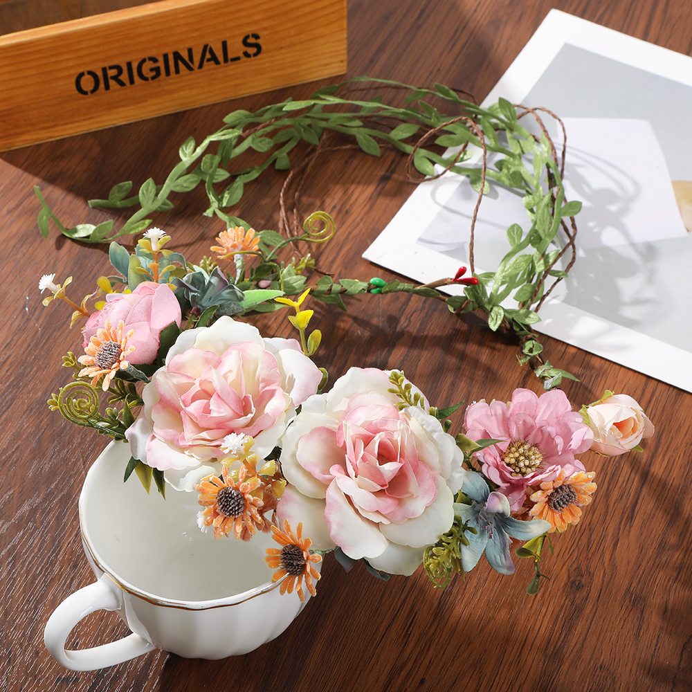 Haimeikang-Diadema de corona de flores para mujer, guirnalda de flores de melocotón, bandas para el cabello nupciales de boda, bandas florales para mujer, hoja de vid para: Verde claro