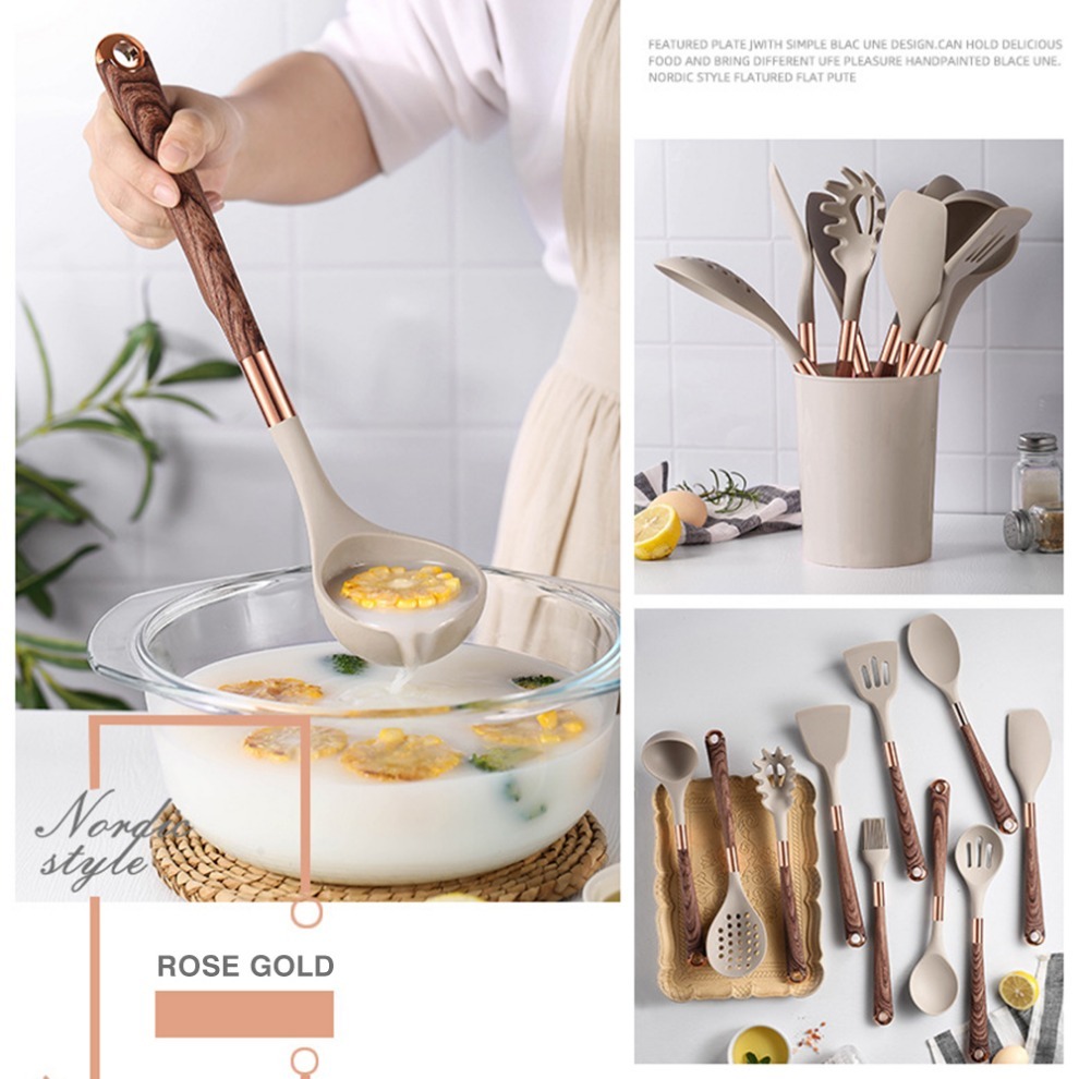 Silicone Cooking Utensils Set Heat Resistant Kitchen Spatula Spoon Non-Stick Tools With Rose Gold-Plated Handle And Holder