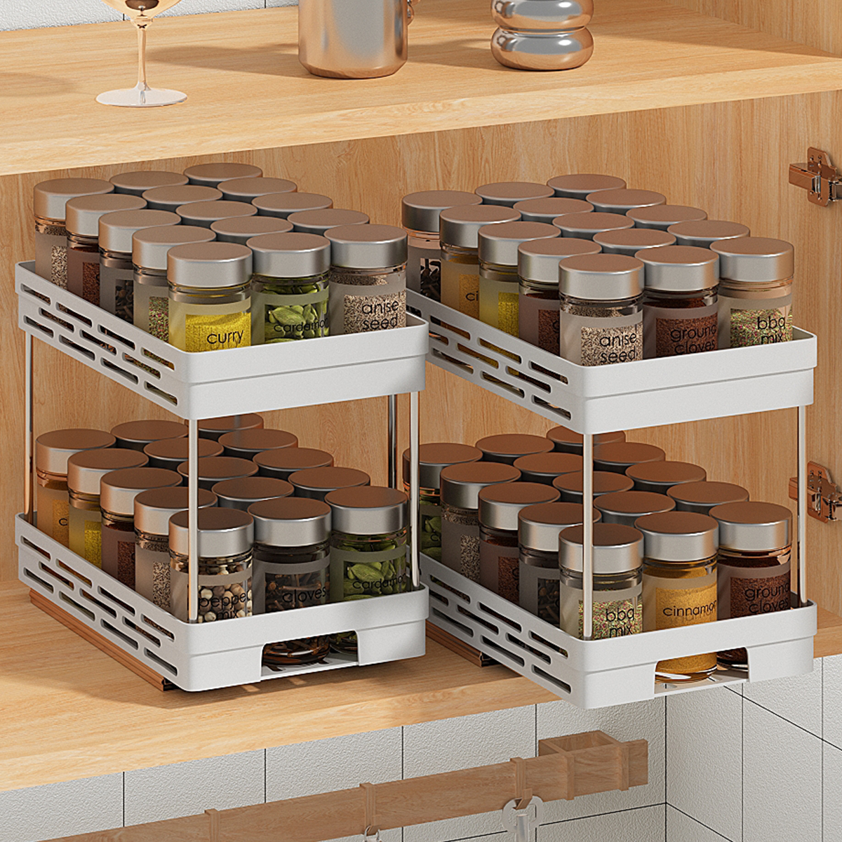 WORTHBUY Keukenkast Opslag Organizer Pull-out Kruiden Fles Opbergrek Glijdende 2 Tier Plastic Organizer Plank
