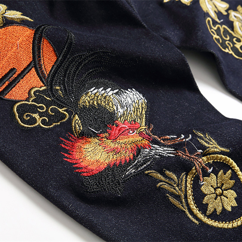Pantalones vaqueros elásticos con bordado para hombre, vaqueros con bordado de letras y flores, color negro y azul