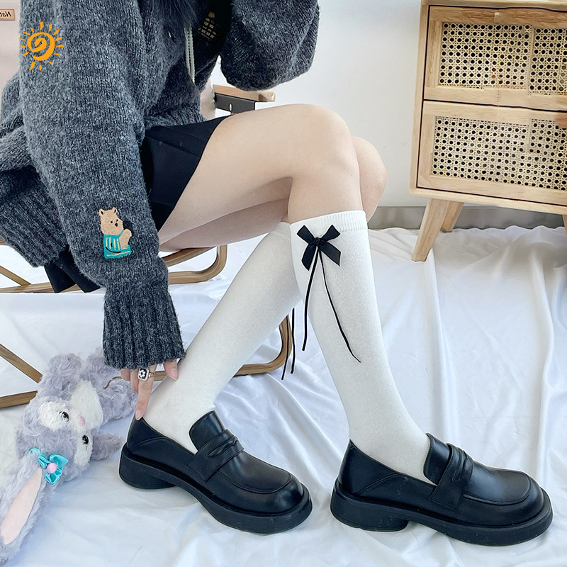 Lolita – chaussettes longues en coton avec nœud papillon pour femme, chaussettes à jambes hautes, blanc, noir, , 2022