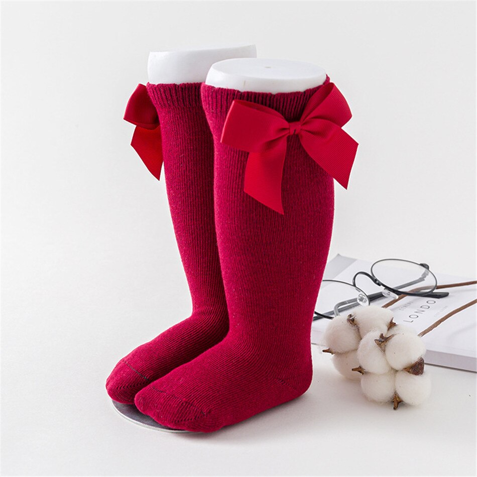 Novo outono e primavera bebê meias de algodão joelho alto estilo espanhol grande arco chão meias crianças meias para meninos meninas 0-3 anos: Wine red / S for 0-2years 
