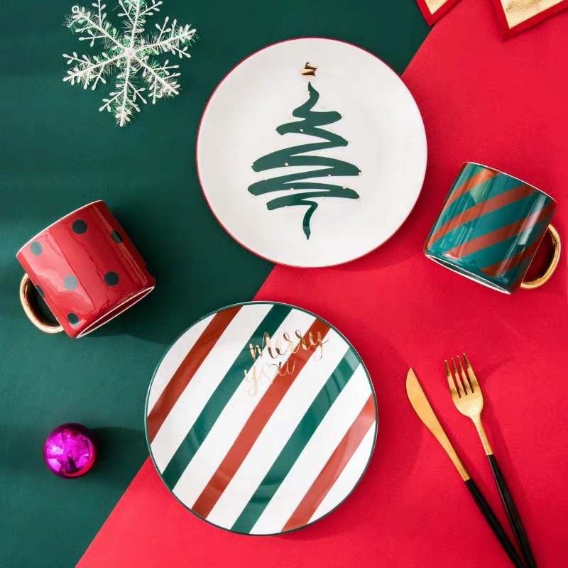 nordisch Weihnachten Verfolgung Gold Luxus Keramik Becher Gericht Nachtisch Obst Platte Geschirr einstellen Liebhaber Abendessen Platte Weihnachts Bäume