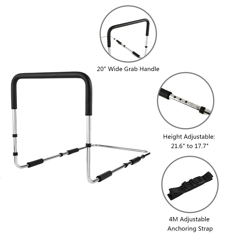 Carevas Hand Bed Rail Height Adjustable for Elderly Senior with Anchor Strap Iron Plating Bed Assist Bar Handle Safety Hand Rail