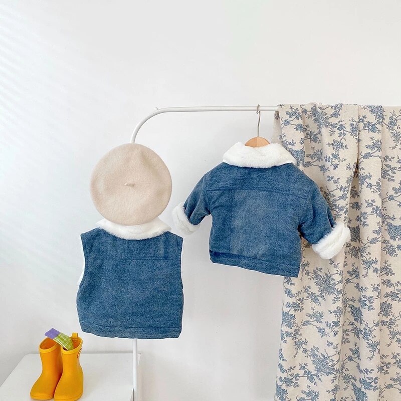 Casaco de bebê inverno engrossado colete da criança roupas do bebê primavera outono 2021 bebê menina menino denim jaqueta mangas compridas cardigan