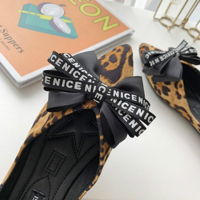 Zapatos planos con lazo grande para mujer, mocasines de punta con estampado de leopardo, informales, para y oficina, Primavera,