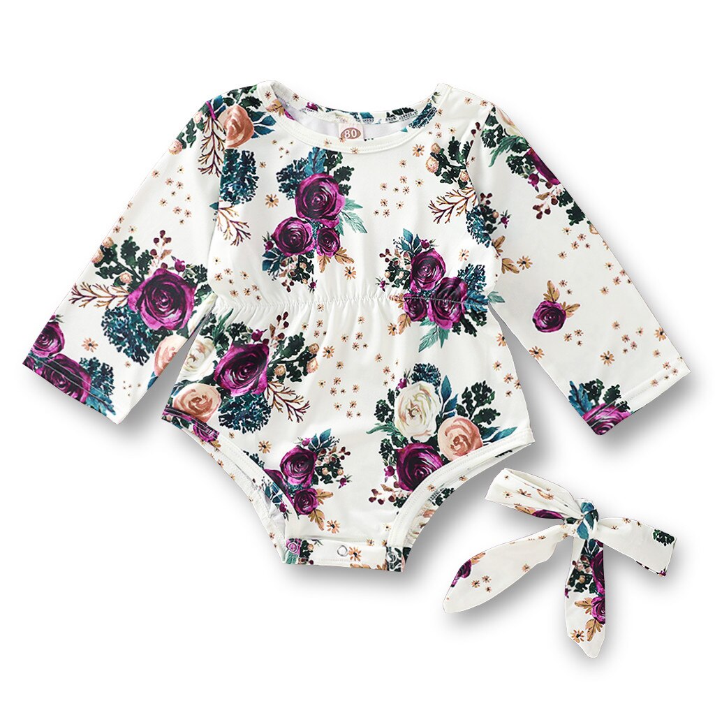 Newborn Accessories Infant Baby Boy Girls Clothes Long Sleeve Print Romper Bodysuit+headband Outfits Romper Baby Clothes: White / 9-12 Months