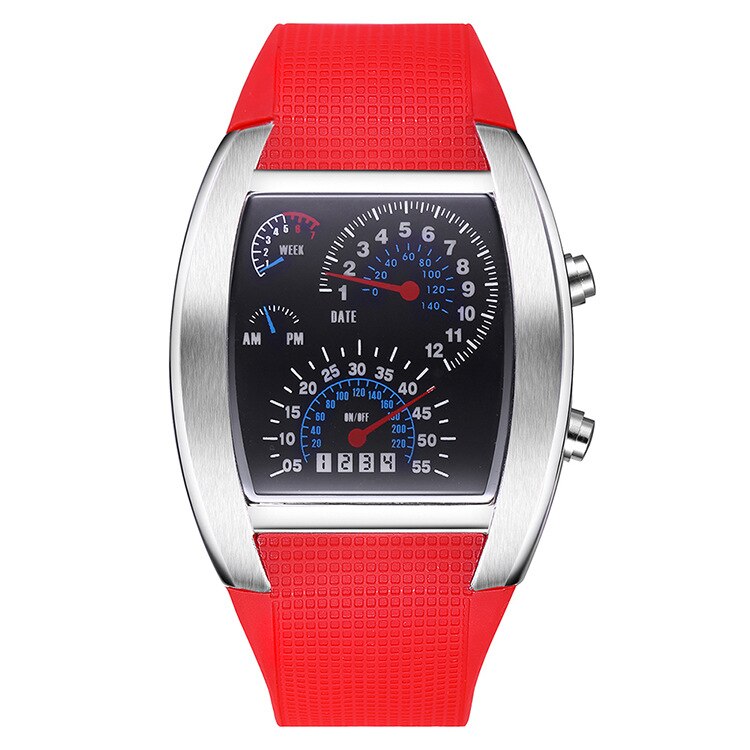Flash azul LED Turbo RPM para hombre, reloj de Dial para coche deportivo, negro completo, de acero inoxidable, rectangular, medidor de aire: Silver Case Red Band