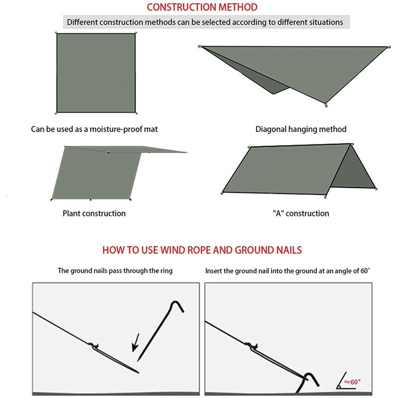 Camping Tarp Waterproof,Hammock Rain Fly,Outdoor Moistureproof Picnic Mat,Multifunction Tent,91 x 83 Inch